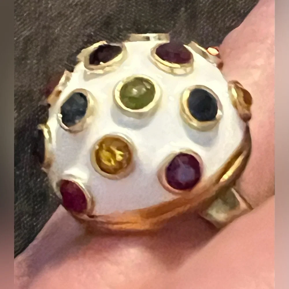 🆕Tory Burch Authentic Locket Magnetic Ring White Enamel & Colorful Stones Size 7